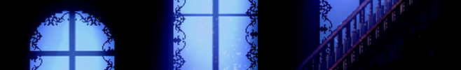 screenshot from the game Pocket Mirror of three large ornate windows that reveal a blue starry sky, in front is a wooden staircase to the right